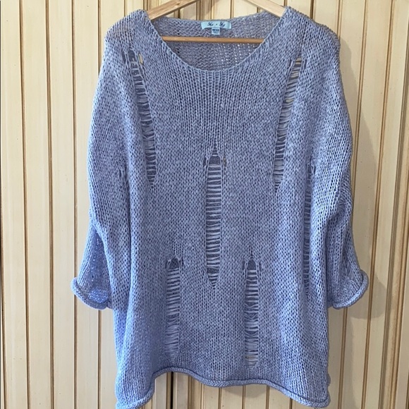 She and Sky Sweaters - She & Sky Distressed Loose Glacier Blue Sweater